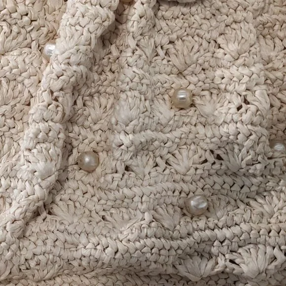 VINTAGE 60s "It's In the Bag" Crocheted Raffia Bamboo Handle Bag Made In Japan - Picture 4 of 11